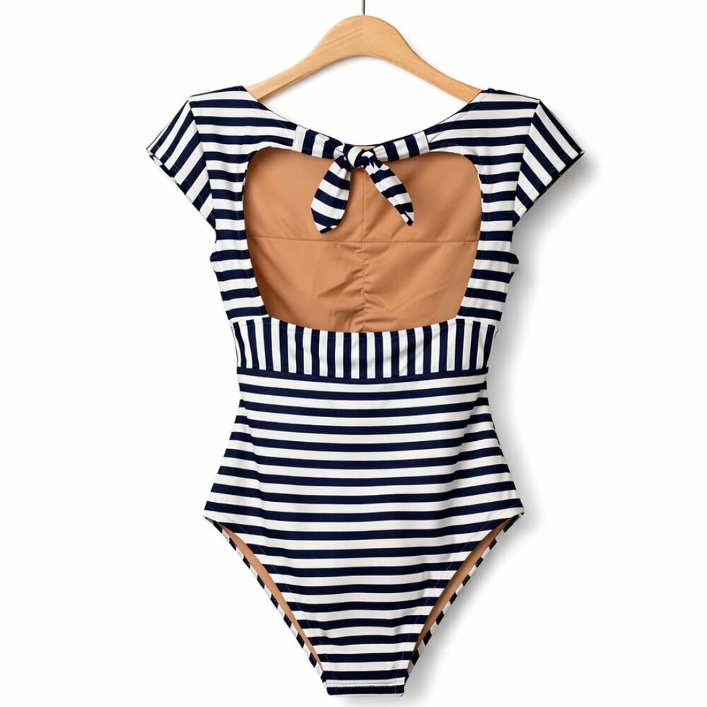 J. Crew Size 18 One-Piece Swimsuit Cap Sleeve Blue White Stripe Nautical - Picture 3 of 5